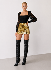 Kadın Altın Sarısı Payetli Pullu Outfit Tasarım Etek
